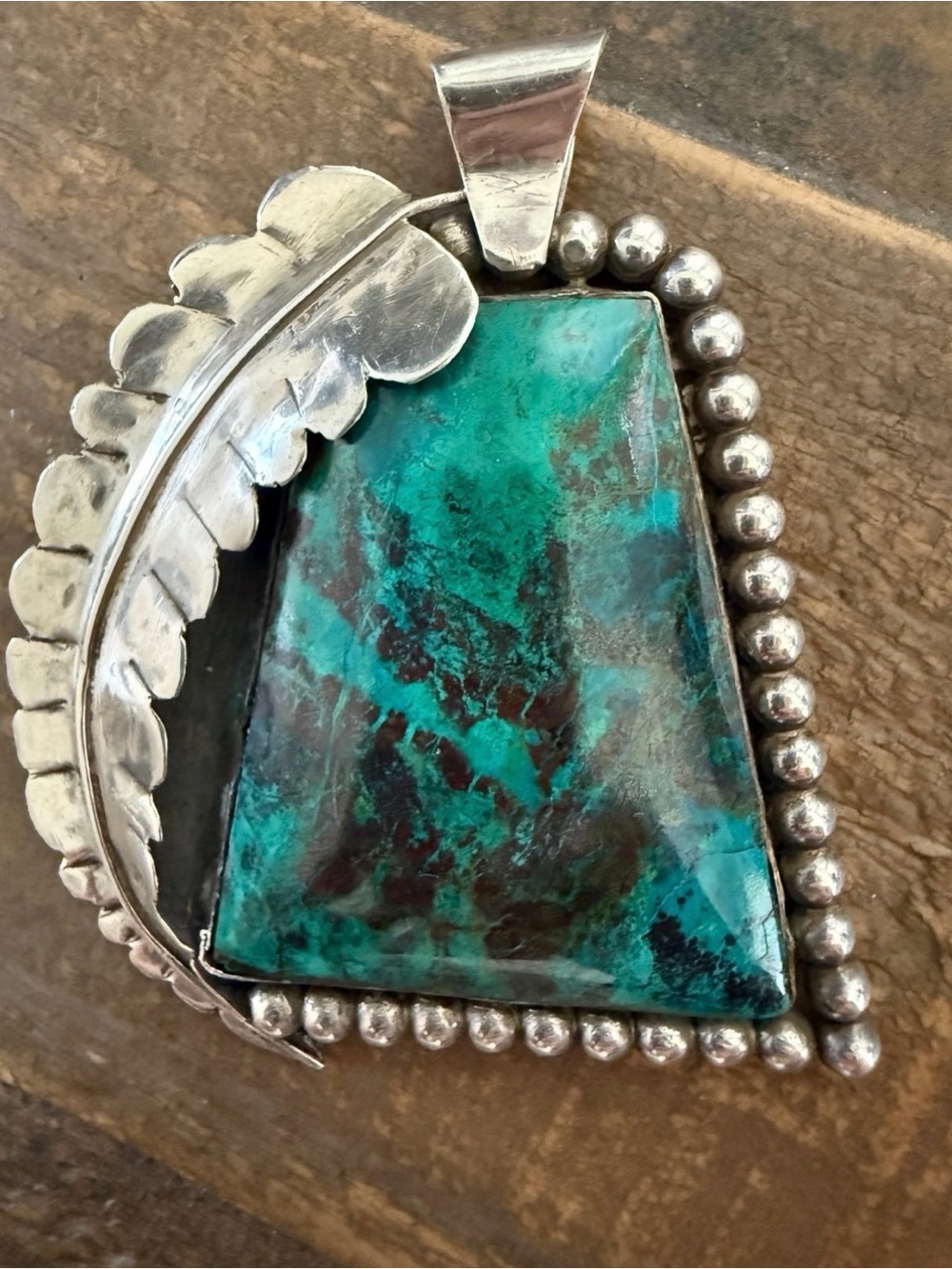 Vintage Native Navajo Handmade Sterling Silver Chrysocolla Huge Pendant